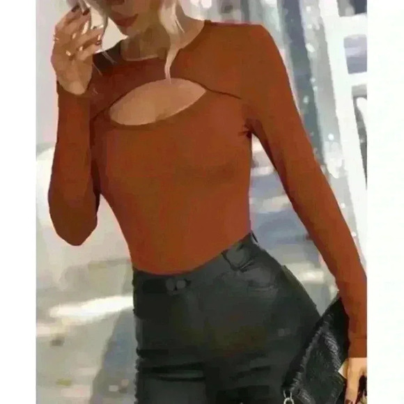 Shein Brown Ribbed Cut Out High Rise Bodysuit, L - Picture 1 of 6